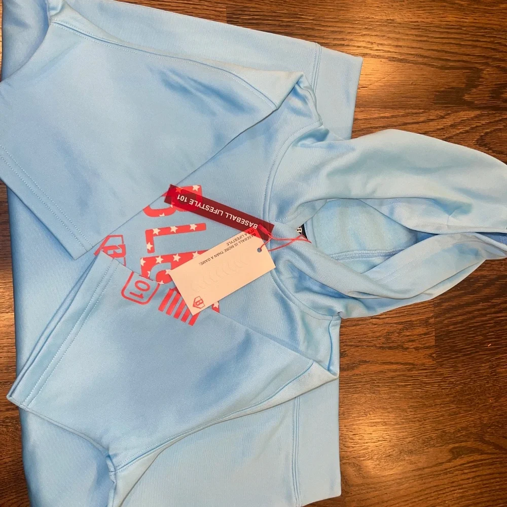 BSBL-SZN YXL Youth Short Sleeve Light Blue Hoodie with Red Graphic V2 - Picture 2 of 5